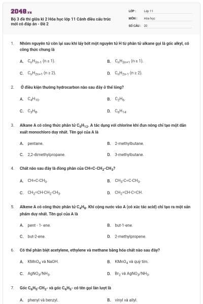 Bộ 3 đề thi giữa kì 2 Hóa học lớp 11 Cánh diều cấu trúc mới có đáp án - Đề 2