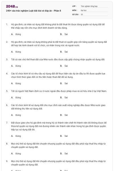 240+ câu trắc nghiệm Luật đất đai có đáp án - Phần 8
