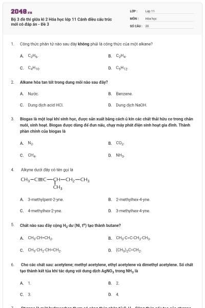 Bộ 3 đề thi giữa kì 2 Hóa học lớp 11 Cánh diều cấu trúc mới có đáp án - Đề 3