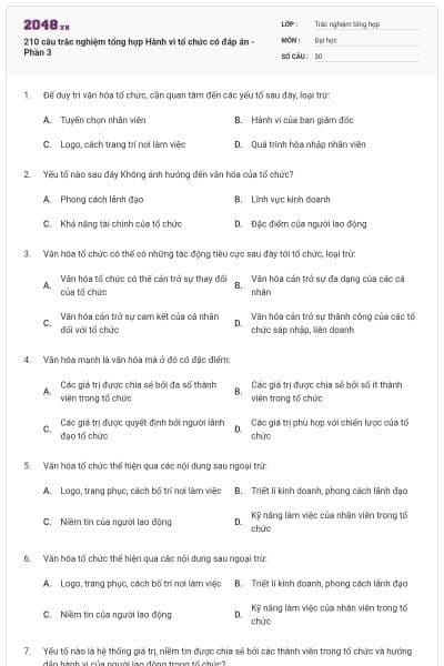 210 câu trắc nghiệm tổng hợp Hành vi tổ chức có đáp án - Phần 3