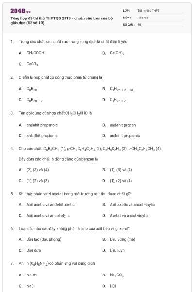 Tổng hợp đề thi thử THPTQG 2019 - chuẩn cấu trúc của bộ giáo dục (Đề số 10)