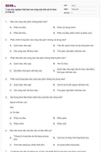 7 câu trắc nghiệm Viết báo cáo công việc Kết nối tri thức có đáp án