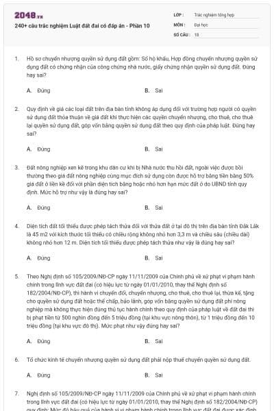240+ câu trắc nghiệm Luật đất đai có đáp án - Phần 10