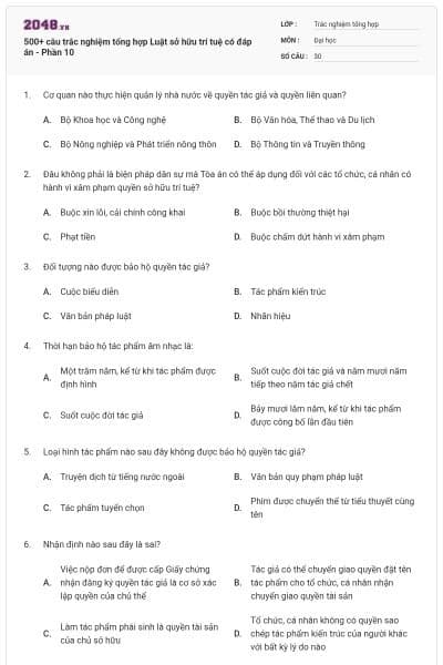 500+ câu trắc nghiệm tổng hợp Luật sở hữu trí tuệ có đáp án - Phần 10