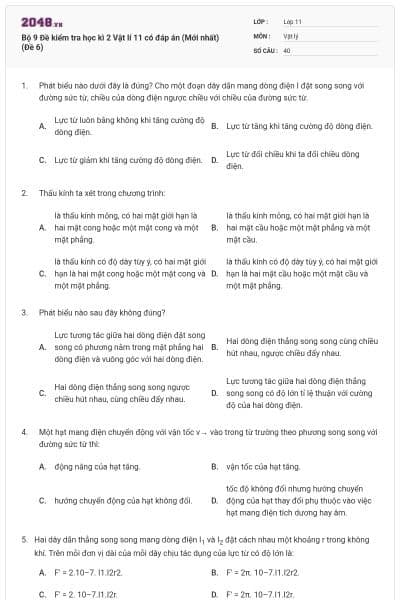 Bộ 9 Đề kiểm tra học kì 2 Vật lí 11 có đáp án (Mới nhất) (Đề 6)