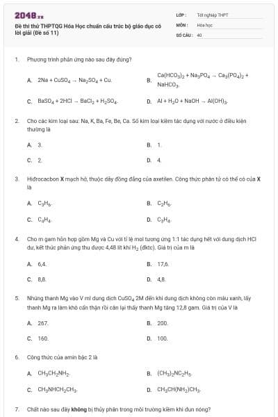 Đề thi thử THPTQG Hóa Học chuẩn cấu trúc bộ giáo dục có lời giải (Đề số 11)