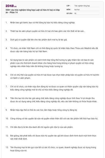 500+ câu trắc nghiệm tổng hợp Luật sở hữu trí tuệ có đáp án - Phần 14
