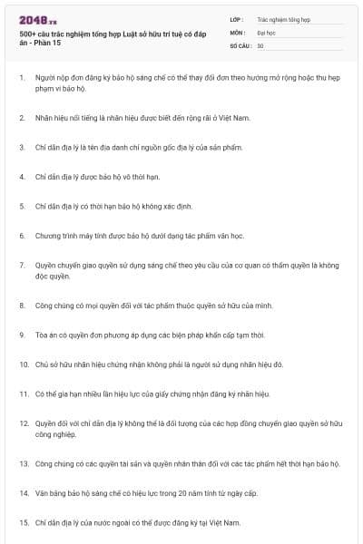 500+ câu trắc nghiệm tổng hợp Luật sở hữu trí tuệ có đáp án - Phần 15