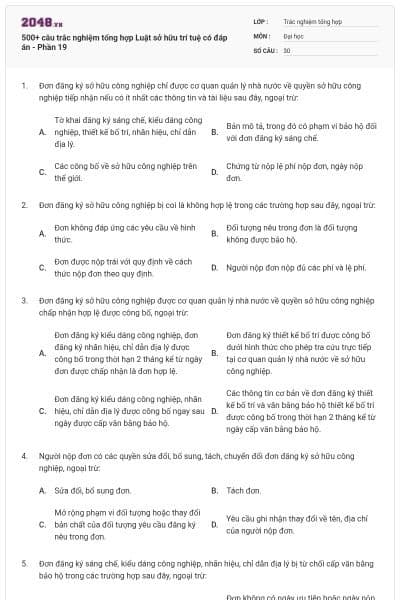 500+ câu trắc nghiệm tổng hợp Luật sở hữu trí tuệ có đáp án - Phần 19