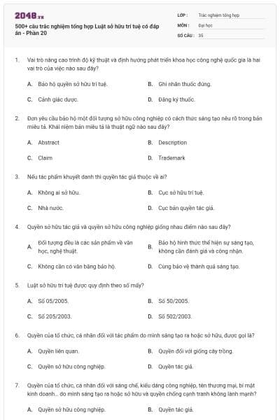 500+ câu trắc nghiệm tổng hợp Luật sở hữu trí tuệ có đáp án - Phần 20
