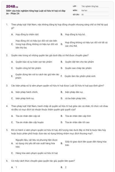 500+ câu trắc nghiệm tổng hợp Luật sở hữu trí tuệ có đáp án - Phần 24