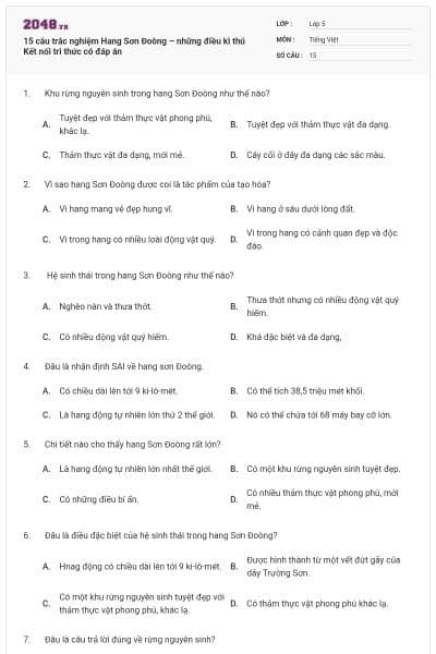 15 câu trắc nghiệm Hang Sơn Đoòng – những điều kì thú Kết nối tri thức có đáp án