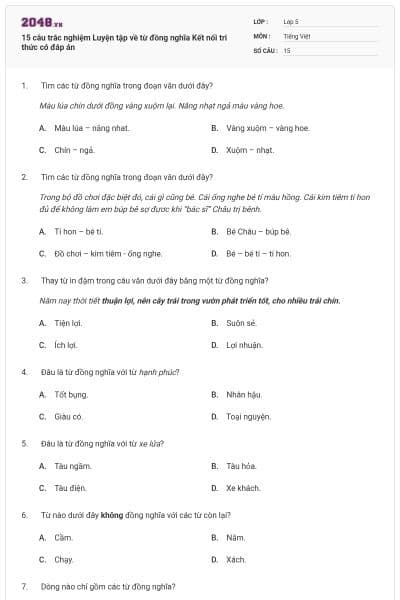 15 câu trắc nghiệm Luyện tập về từ đồng nghĩa Kết nối tri thức có đáp án