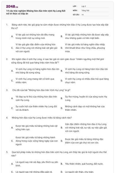14 câu trắc nghiệm Những hòn đảo trên vịnh Hạ Long Kết nối tri thức có đáp án