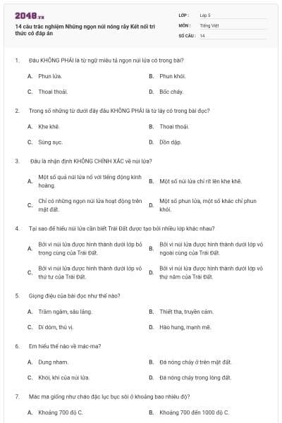 14 câu trắc nghiệm Những ngọn núi nóng rẫy Kết nối tri thức có đáp án