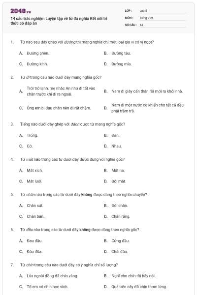 14 câu trắc nghiệm Luyện tập về từ đa nghĩa Kết nối tri thức có đáp án