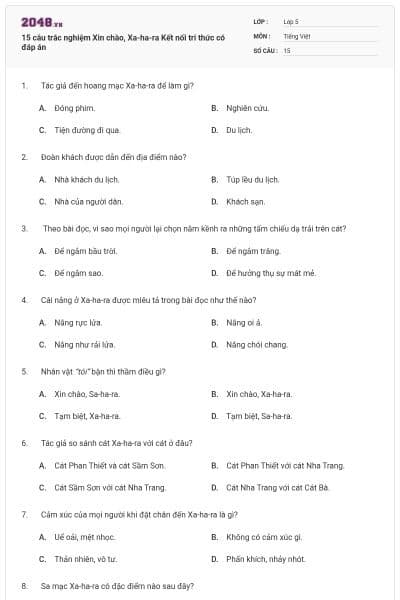 15 câu trắc nghiệm Xin chào, Xa-ha-ra Kết nối tri thức có đáp án