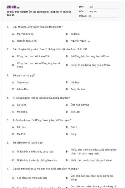 30 câu trắc nghiệm Ôn tập giữa học kì I Kết nối tri thức có đáp án