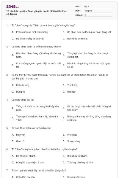 15 câu trắc nghiệm Đánh giá giữa học kì I Kết nối tri thức có đáp án