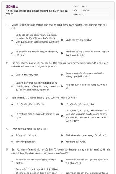 12 câu trắc nghiệm Thư gửi các học sinh Kết nối tri thức có đáp án