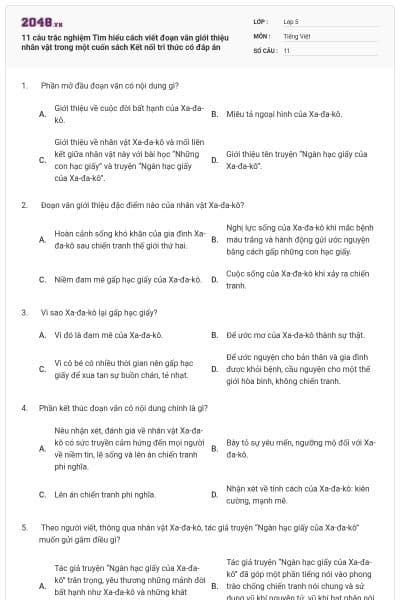 11 câu trắc nghiệm Tìm hiểu cách viết đoạn văn giới thiệu nhân vật trong một cuốn sách Kết nối tri thức có đáp án
