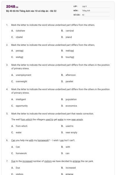 Bộ 40 đề thi Tiếng Anh vào 10 có đáp án - Đề 32
