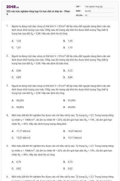 325 câu trắc nghiệm tổng hợp Cơ học đất có đáp án - Phần 4