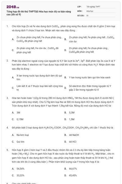 Tổng hợp đề thi thử THPTQG Hóa học mức độ cơ bản nâng cao (đề số 9)