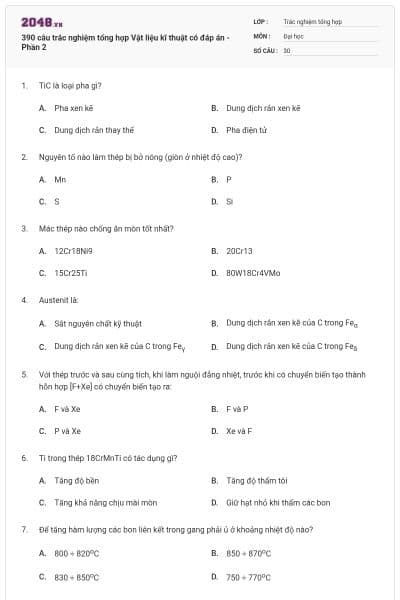 390 câu trắc nghiệm tổng hợp Vật liệu kĩ thuật có đáp án - Phần 2