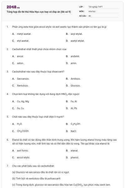 Tổng hợp đề thi thử Hóa Học cực hay có đáp án (Đề số 9)