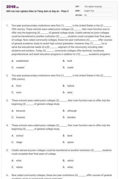 800 câu trắc nghiệm Điền từ Tiếng Anh có đáp án - Phần 5