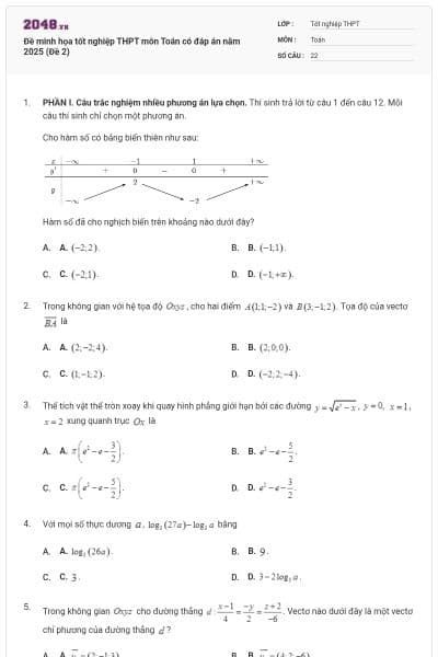 Đề minh họa tốt nghiệp THPT môn Toán có đáp án năm 2025 (Đề 2)