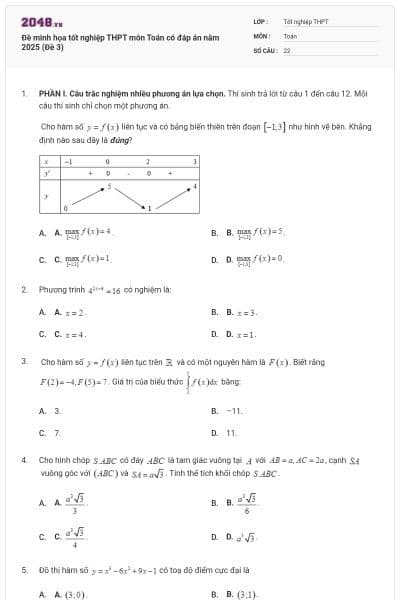 Đề minh họa tốt nghiệp THPT môn Toán có đáp án năm 2025 (Đề 3)