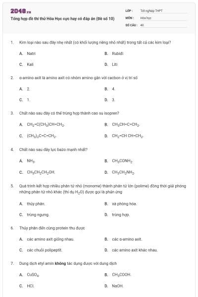 Tổng hợp đề thi thử Hóa Học cực hay có đáp án (Đề số 10)