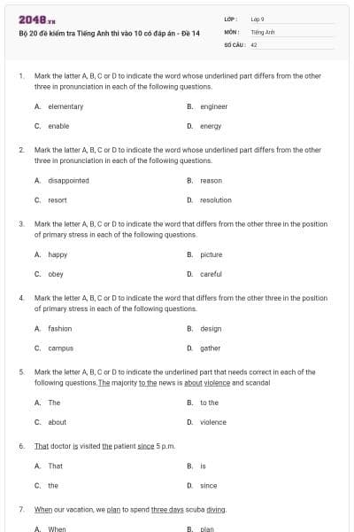 Bộ 20 đề kiểm tra Tiếng Anh thi vào 10 có đáp án - Đề 14