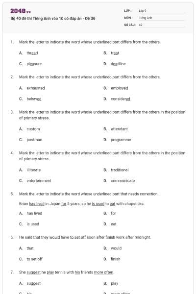 Bộ 40 đề thi Tiếng Anh vào 10 có đáp án - Đề 36