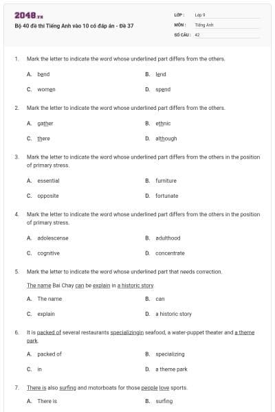 Bộ 40 đề thi Tiếng Anh vào 10 có đáp án - Đề 37