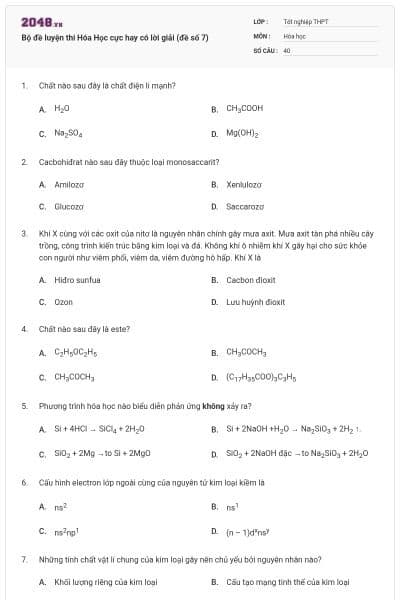 Bộ đề luyện thi Hóa Học cực hay có lời giải (đề số 7)