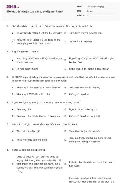 650 câu trắc nghiệm Luật dân sự có đáp án - Phần 5