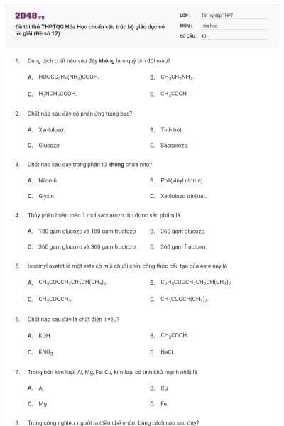 Đề thi thử THPTQG Hóa Học chuẩn cấu trúc bộ giáo dục có lời giải (Đề số 12)