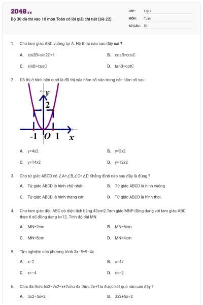 Bộ 30 đề thi vào 10 môn Toán có lời giải chi tiết (Đề 22)