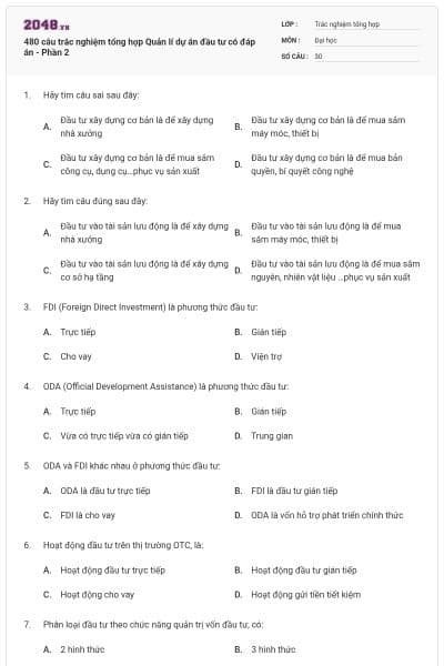 480 câu trắc nghiệm tổng hợp Quản lí dự án đầu tư có đáp án - Phần 2