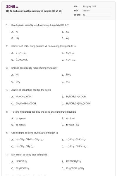 Bộ đề ôn luyện Hóa Học cực hay có lời giải (Đề số 25)