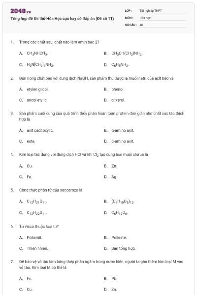 Tổng hợp đề thi thử Hóa Học cực hay có đáp án (Đề số 11)