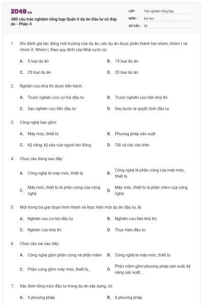 480 câu trắc nghiệm tổng hợp Quản lí dự án đầu tư có đáp án - Phần 4