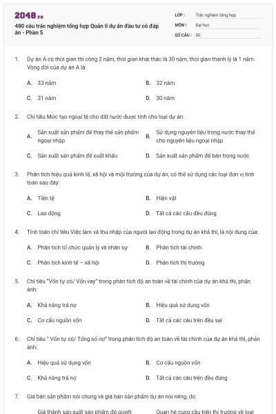 480 câu trắc nghiệm tổng hợp Quản lí dự án đầu tư có đáp án - Phần 5