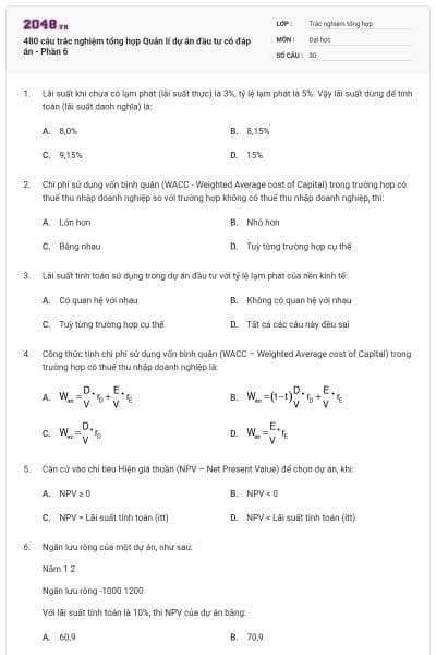480 câu trắc nghiệm tổng hợp Quản lí dự án đầu tư có đáp án - Phần 6