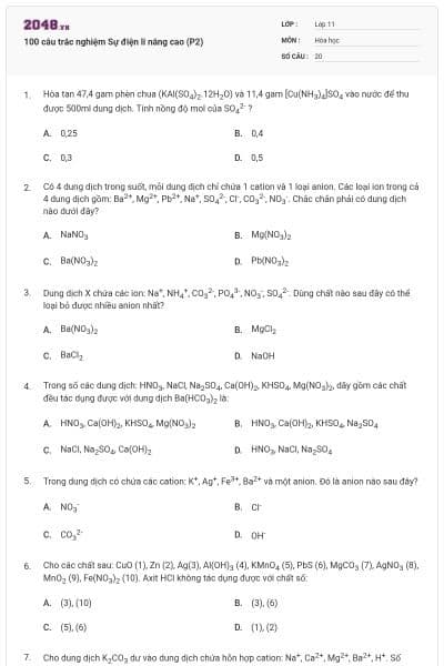 100 câu trắc nghiệm Sự điện li nâng cao (P2)