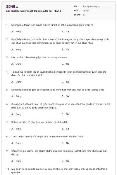 650 câu trắc nghiệm Luật dân sự có đáp án - Phần 8