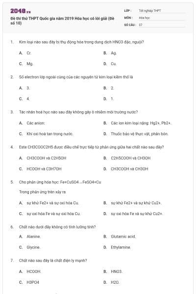 Đề thi thử THPT Quốc gia năm 2019 Hóa học có lời giải (Đề số 10)